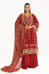 UAE -3 Piece Unstitched Embroidered Lawn Suit with Gold Lacquer Embroidered Printed Chiffon Dupatta BM-52018