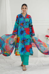UAE -3 Piece Unstitched Printed Cotton Silk Suit with Printed Chiffon Dupatta CS-52002