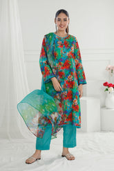 UAE -3 Piece Unstitched Printed Lawn Suit with Printed Pure Silk Chiffon Dupatta C-52003