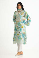 UAE-3PC Lawn Embroidered Suit With Paper Cotton Embroidered Dupatta