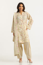 UAE- 3PC Lawn Printed Suit With Embroidered Dupatta