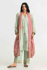 UAE-3PC Lawn Zari And Sequins Embroidered Suit With Chiffon Embroidered Dupatta