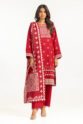 UAE-3PC Paper Cotton Lacquer Printed Suit With Embroidered IUSTKSD-775