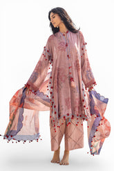 UAE-3 Piece Embroidered Printed Paper Cotton Suit with Zari Dupatta FE-52085