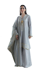 UAE-3 Piece Embroidered Self Jacquard Suit with Handwork and Chikan Kari Trouser FE-52045