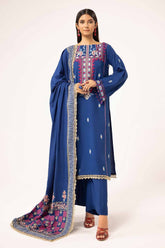 UAE -3 Piece Unstitched Embroidered Karandi Suit with Gold and Lacquer Printed Karandi Dupatta AY-42010