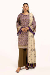 UAE -3 Piece Unstitched Embroidered Cotail Suit with Printed Twill Cotton Linen Dupatta CV-42009