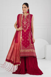 UAE -3 Piece Unstitched Embroidered Raw Silk Suit with Jacquard Dupatta FE-52124