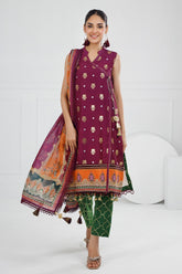 UAE -3 Piece Unstitched Embroidered Raw Silk Suit with Paper Cotton Jacquard Dupatta FE-52008