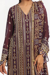 UAE -3 Piece Unstitched Embroidered Chiffon Suit with Gold Silver Printed Chiffon Dupatta BM-52023