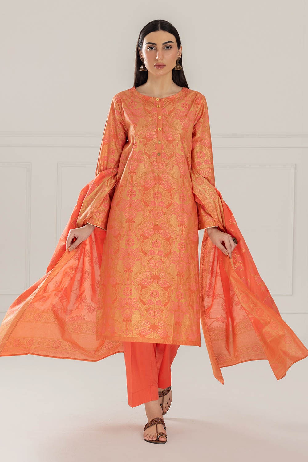 UAE -3 Piece Unstitched Gold and Lacquer Printed Lawn Suit CL-52358-B