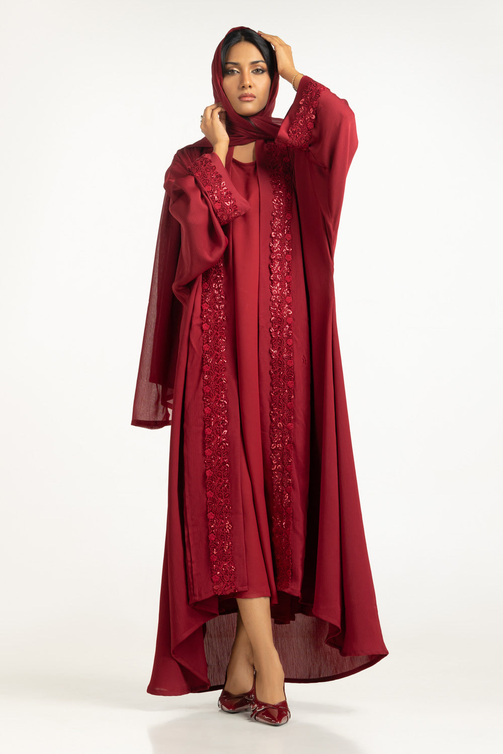 UAE-3PC Crush Georgette Embellished Abaya IPAB-22148