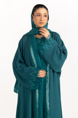 UAE-3PC Crushed Georgette Embroidered Abaya With Inner And Embroidered Scarf IPAB-22151