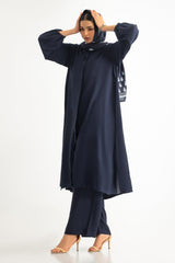 UAE- 3PC Georgette Slub Abaya And Trouser With Block Printed Scarf