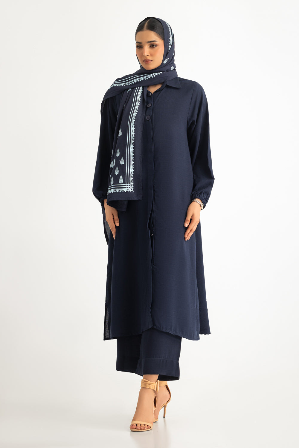 UAE- 3PC Georgette Slub Abaya And Trouser With Block Printed Scarf