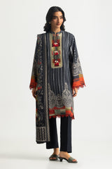 UAE-3PC Karandi Printed Suit With Embroidered