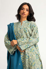 UAE-3PC Khaddar Printed Suit With Embroidered