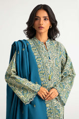 UAE-3PC Khaddar Printed Suit With Embroidered