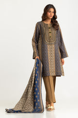 UAE-3PC Khaddar Slub Printed Suit With Embroidered