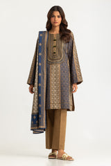 UAE-3PC Khaddar Slub Printed Suit With Embroidered