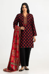 UAE-3PC Khaddar Slub Printed Suit With Embroidered