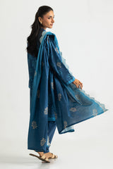 UAE-3PC Khaddar Slub Printed Suit With Embroidered