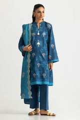 UAE-3PC Khaddar Slub Printed Suit With Embroidered