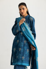 UAE-3PC Khaddar Slub Printed Suit With Embroidered