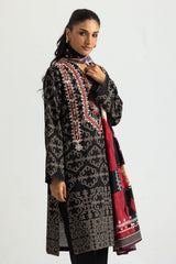 UAE-3PC Khaddar Slub Printed Suit With Embroidered