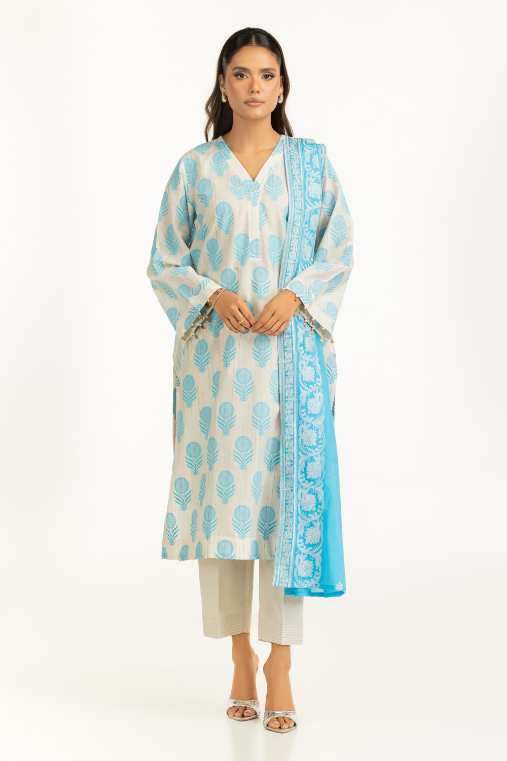 UAE-3PC Lacquer Printed Slub Yarn Suit IUSTKSD-1079