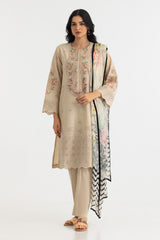 UAE-3PC Lawn Embroidered Suit With Printed Chiffon Dupatta
