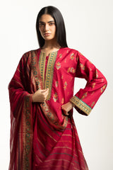 UAE- 3PC Lawn Gold And Lacqer Printed Suit With Embroidered