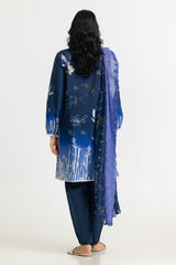 UAE- 3PC Lawn Printed Suit With Chiffon Embroidered Dupatta