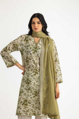 UAE-3PC Lawn Printed Suit With Denting Lawn Embroidered  Dupatta