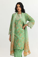 UAE- 3PC Lawn Printed Suit With Embroidered