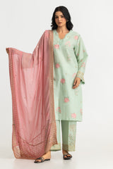 UAE-3PC Lawn Zari And Sequins Embroidered Suit With Chiffon Embroidered Dupatta