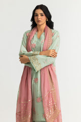 UAE-3PC Lawn Zari And Sequins Embroidered Suit With Chiffon Embroidered Dupatta