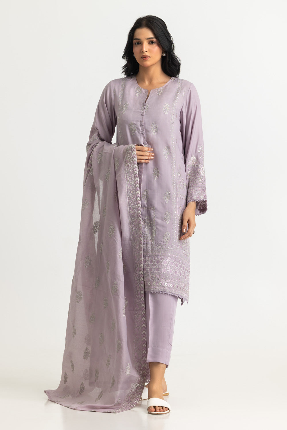 UAE- 3PC Raw Silk Embroidered Suit With Shimmer Embroidered Dupatta
