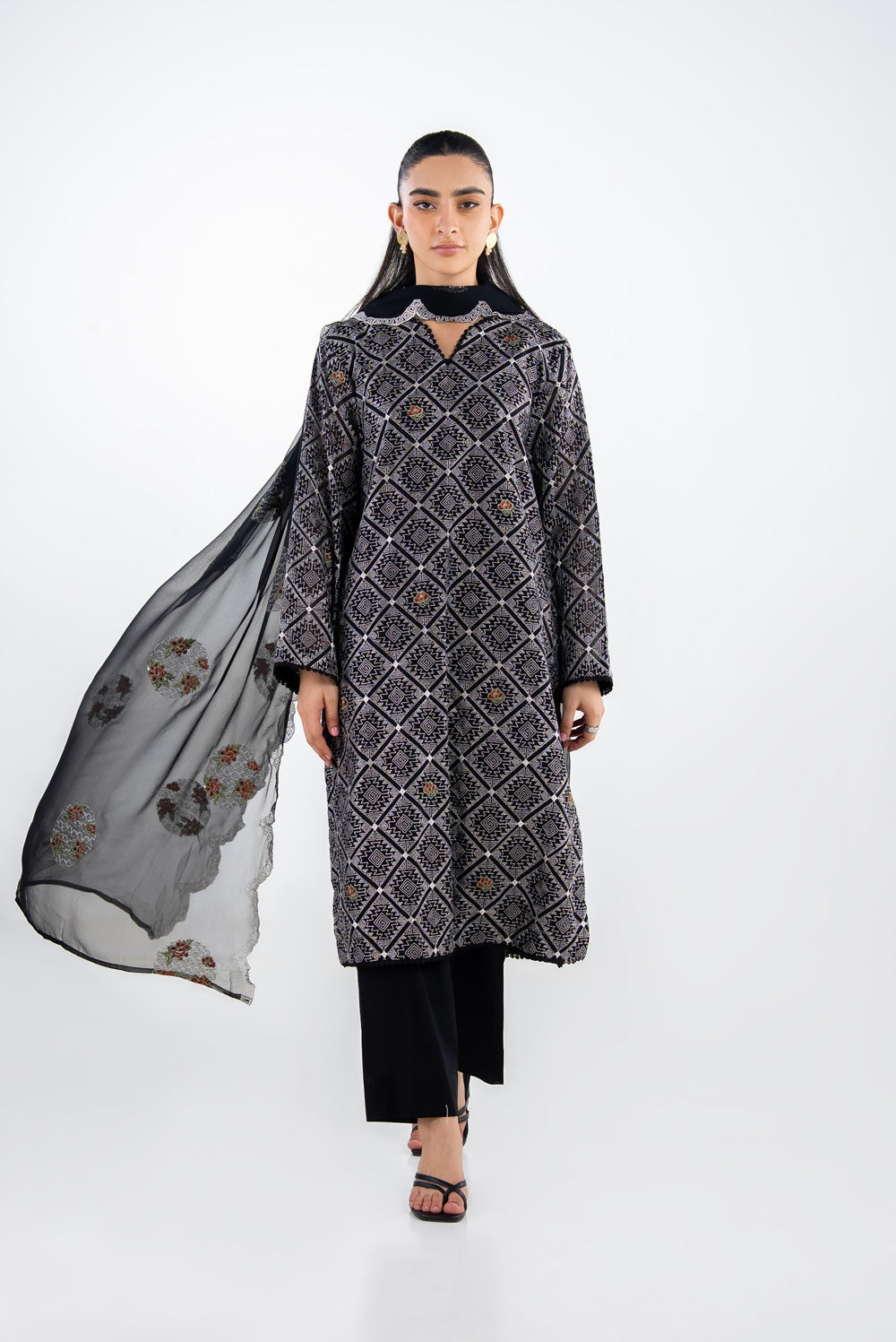 UAE-3PC Swiss Voile Embroidered Suit IUSTKSD-2296