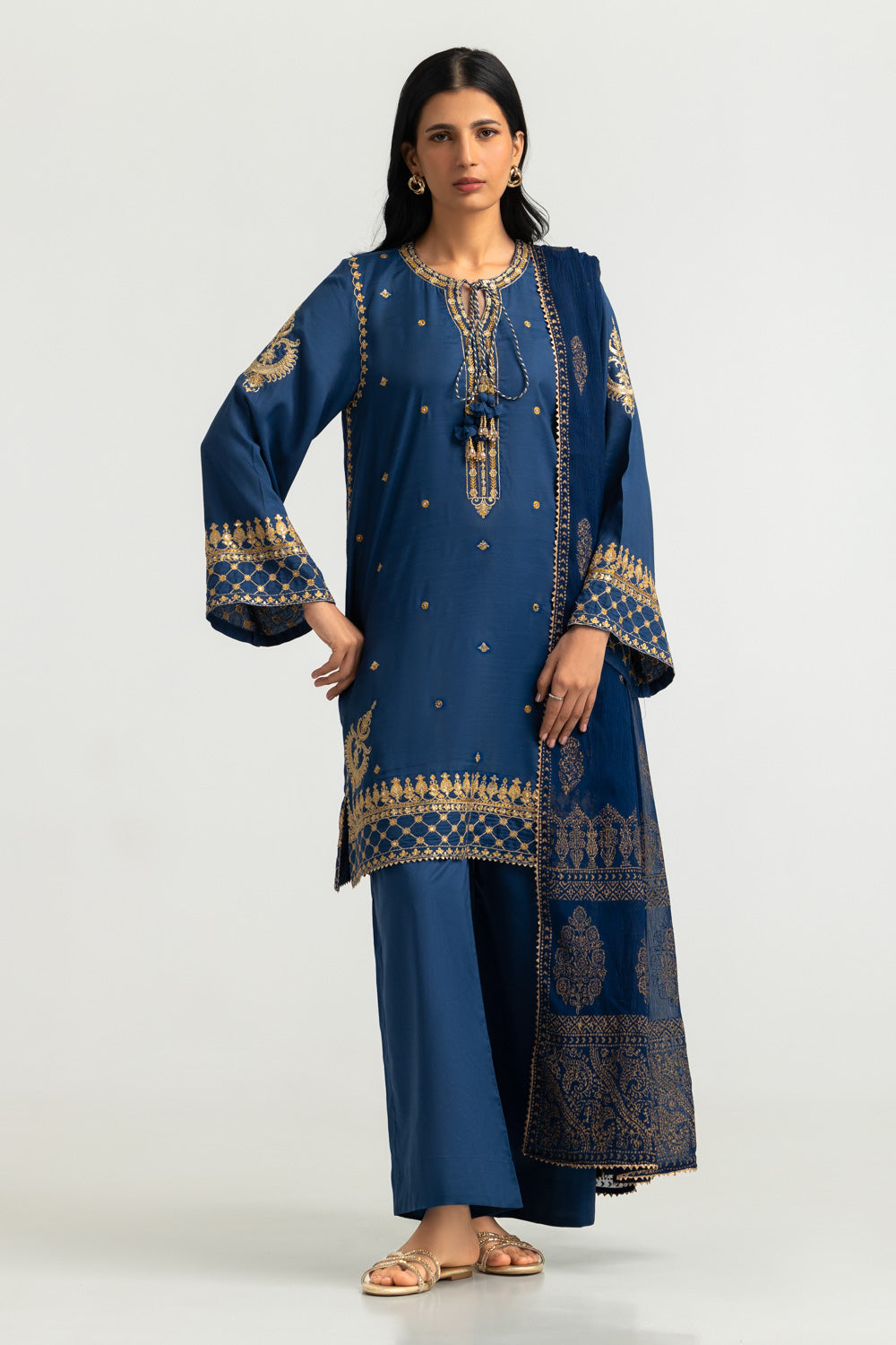 UAE-3PC Viscose Raw silk Embroidered Suit
