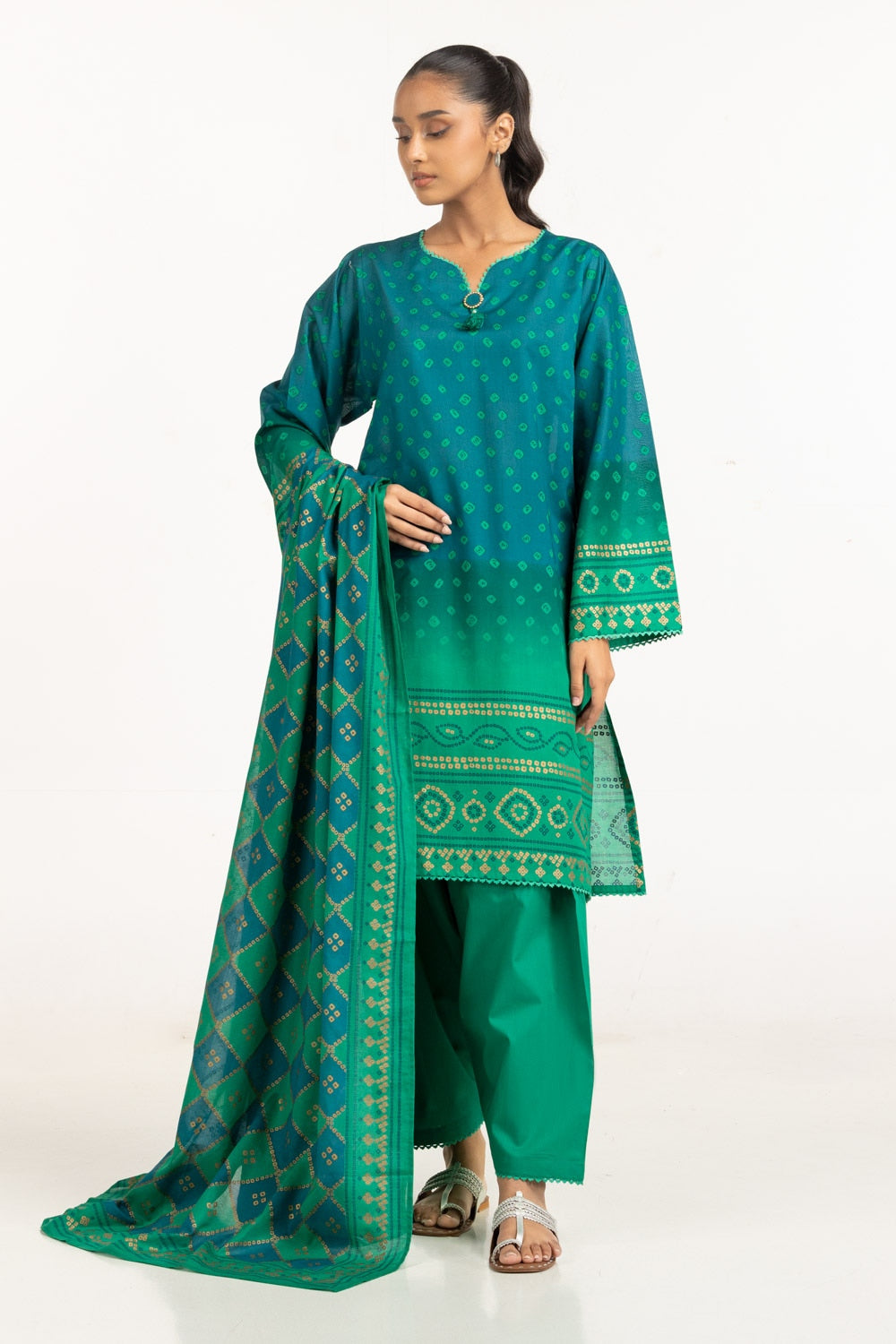 UAE-3PC Lawn Gold Printed Suit IUSTKSD-555