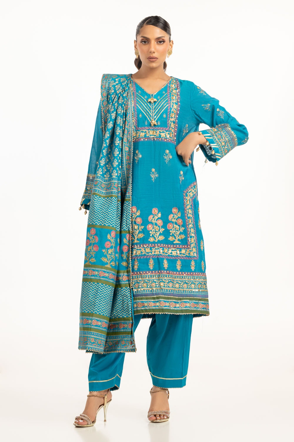 UAE-3PC paper-cotton Lacquer Printed Hand Embellished Suit IUSTKSD-784