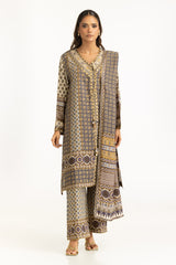 UAE-3PC Printed Rawsilk Embroidered Suit IUSTKSD-1088