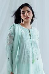 UAE-3 Piece Embroidered Lawn Suit with Borders, Bunches and Silk Dupatta FE-52079