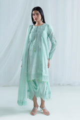 UAE-3 Piece Embroidered Lawn Suit with Borders, Bunches and Silk Dupatta FE-52079