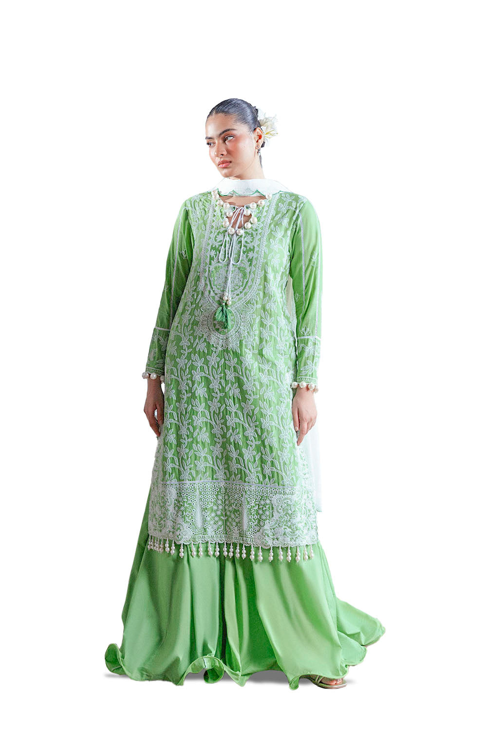 UAE-3 Piece Embroidered Lawn Suit with Neckline, Bunches and Silk Dupatta FE-52177
