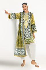 UAE-3 Piece Printed Lawn Suit with Embroidered Organza Neckline