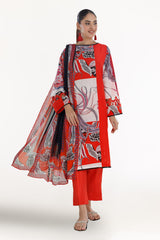 UAE-3 Piece Unstitched Printed Cotton Silk Suit with Printed Chiffon Dupatta
