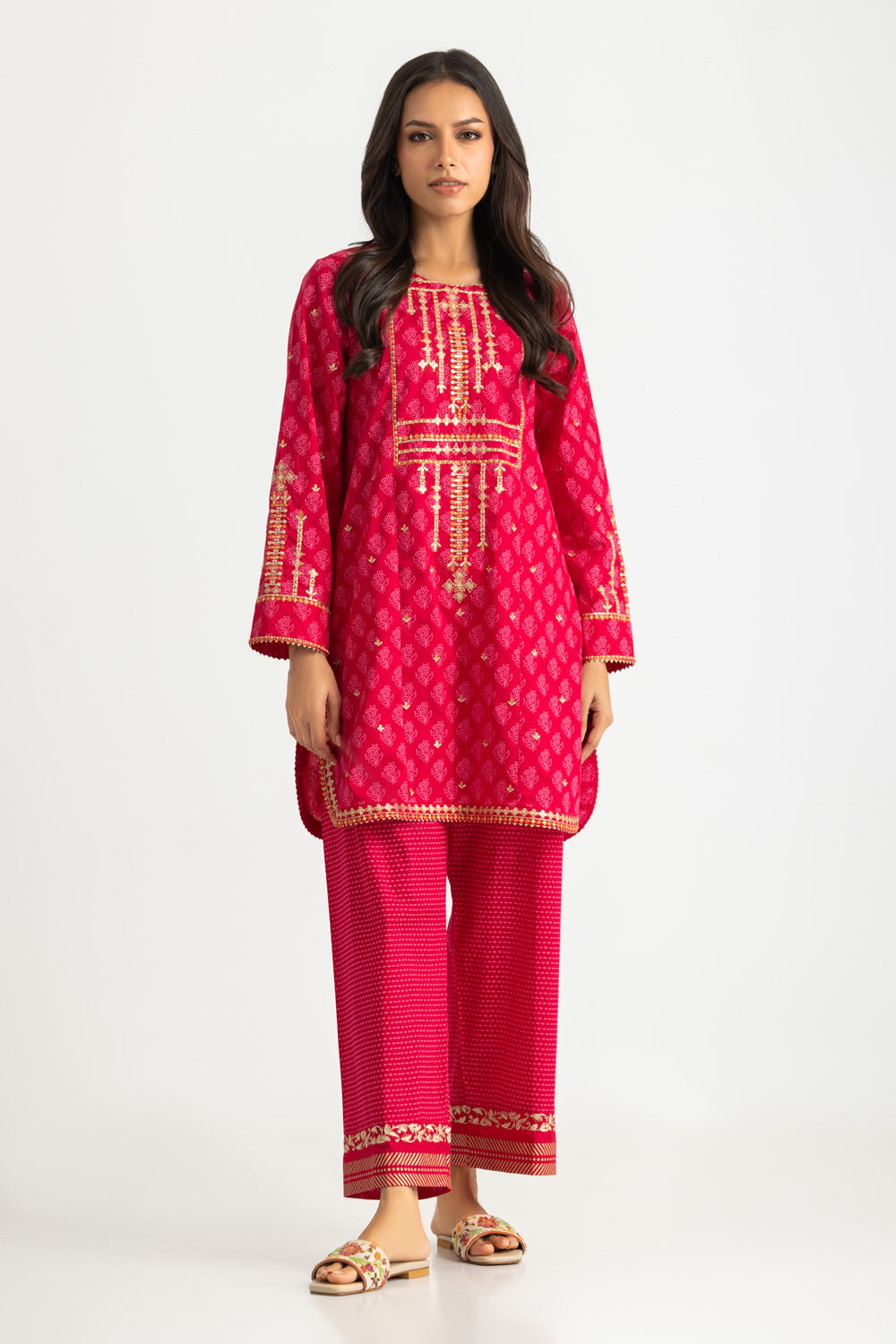 UAE-Cambric Block Printed Co-Ord Set With Embroidered