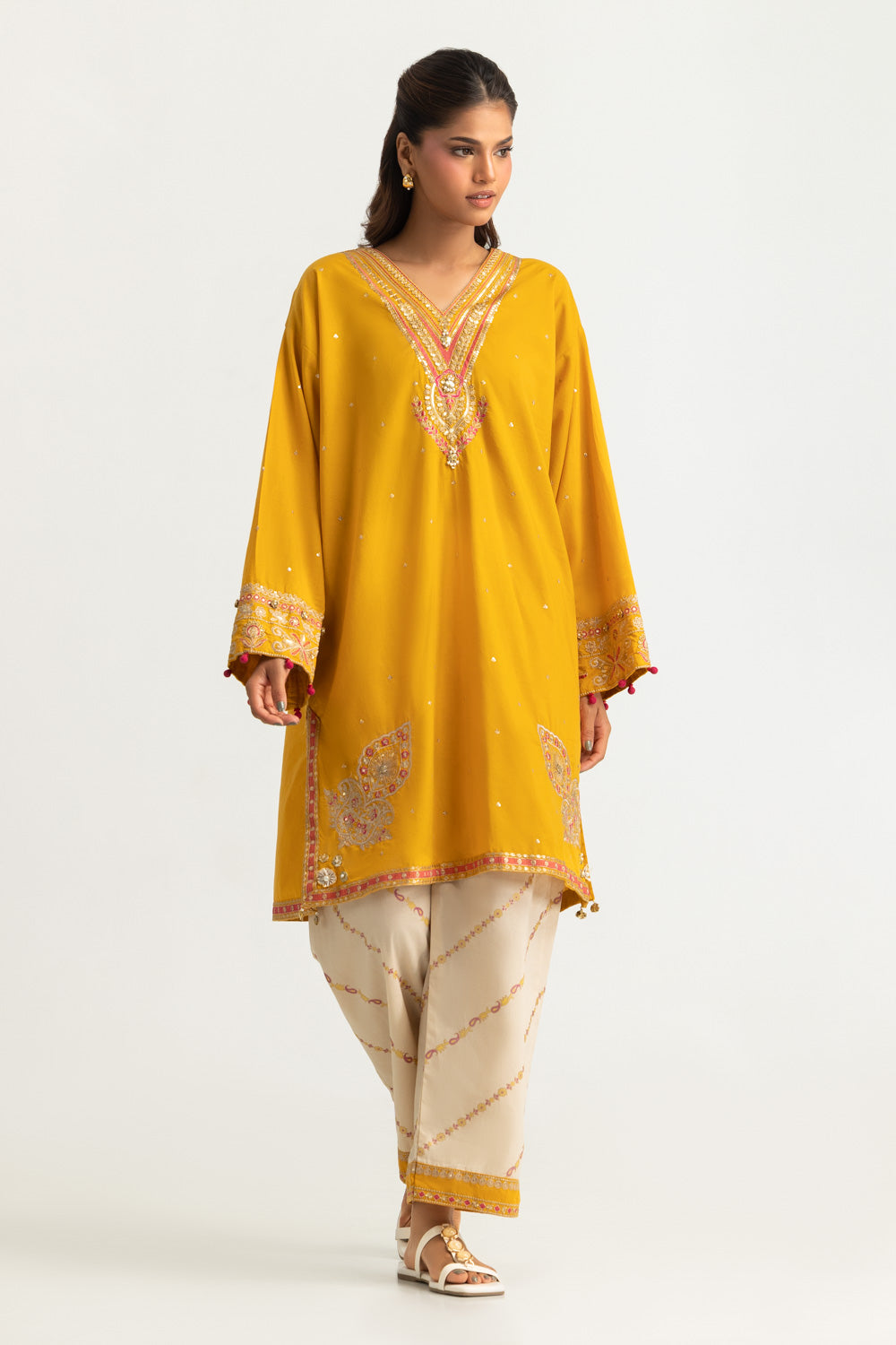 UAE-Cambric Embroidered Shirt And Block Printed Trouser